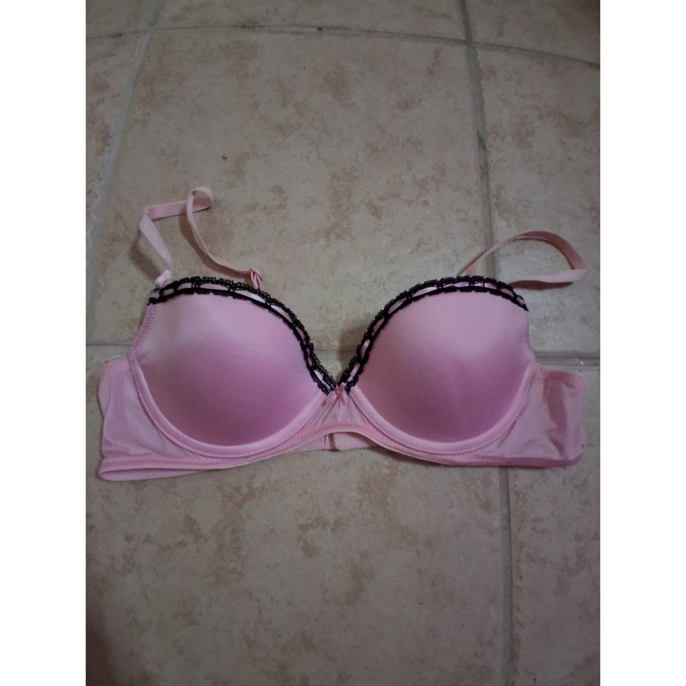 Pink Padded Push Up Bra with Black Lace Trim and Bow Detail Underwire Womens